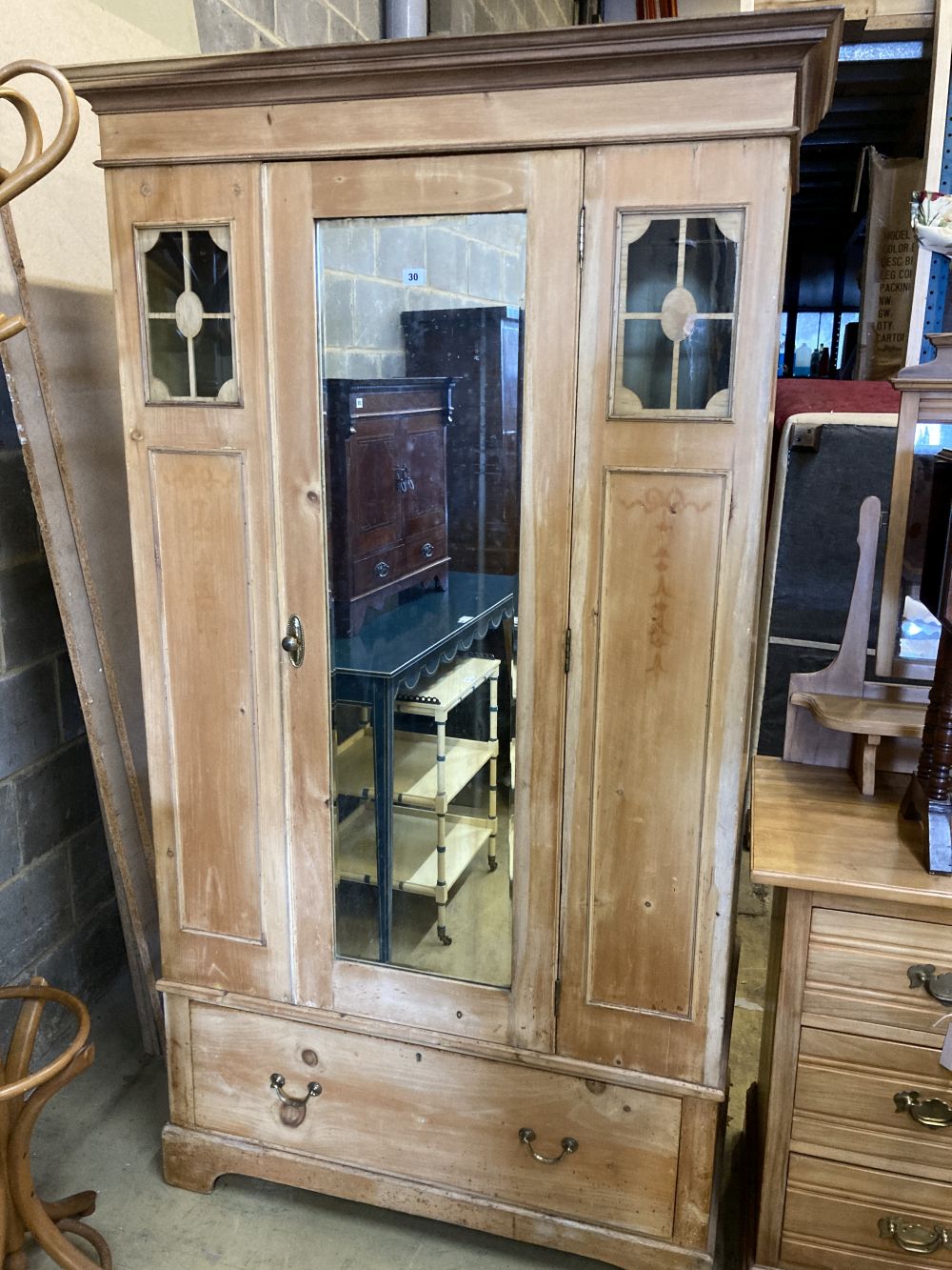 An Edwardian pine mirrored wardrobe, width 110cm, depth 54cm, height 198cm, together with a late Victorian satin walnut dressing chest